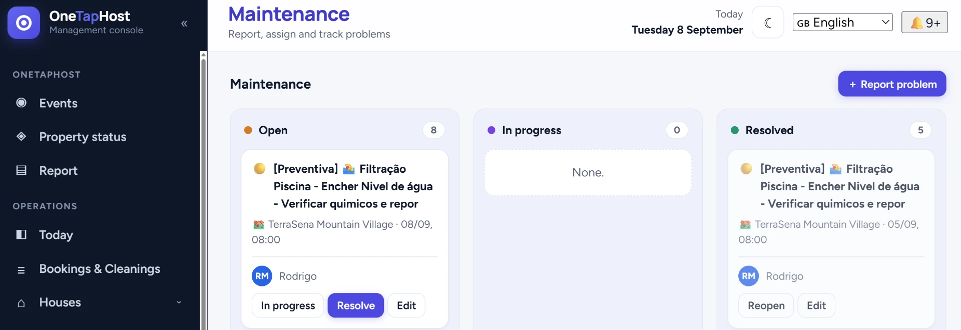 Manager console: maintenance board